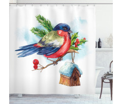 Christmas Bird Holly Pine Shower Curtain