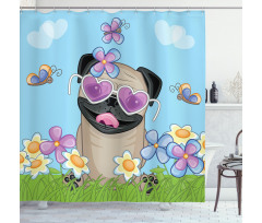 Puppy on the Field Flowers Shower Curtain