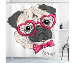 Hayvan Duş Perdesi Pembe Gözlüklü Papyonlu Hipster Pug Köpek