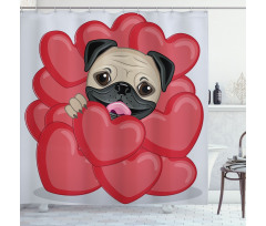 Romantik Duş Perdesi Sevgililer Günü Kalpler İçinde Pug Köpek