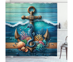 Nautical Shower Curtain Seahorse Coral and Rustic Anchor
