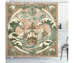 Nautical Shower Curtain Marine Ship and Retro Waves