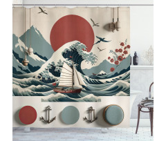 Nautical Shower Curtain Japanese Wave with Sun and Ship