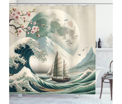 Nautical Shower Curtain Asian Wave with Cherry Blossoms