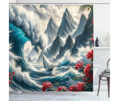 Nautical Shower Curtain Storm Waves Ship and Mountains
