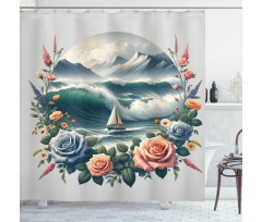 Nautical Shower Curtain Sailboat in Ocean Floral Wreath