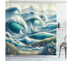 Nautical Shower Curtain Sailboat with in Tidal Waves