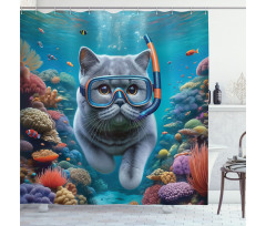 Nautical Shower Curtain Cat Scuba Diving in Reef