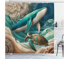 Nautical Shower Curtain Ocean Art with Whale and Turtle
