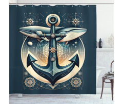 Nautical Shower Curtain Whales Compass and Anchor