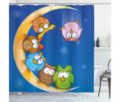 Cartoon Moon Owls Playing Shower Curtain