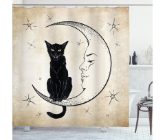 Black Cat Siting on Moon Shower Curtain