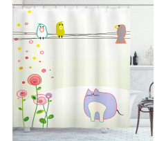 Bird Cat Flowers Shower Curtain