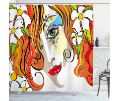 Woman Red Hair Floral Shower Curtain