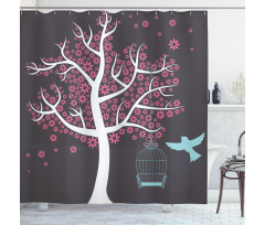 Tree Bitd Cage Leaves Shower Curtain