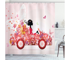 Girl on a Car Floral Box Shower Curtain