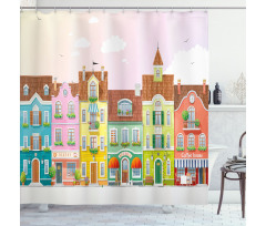 Retro Houses Digital Shower Curtain