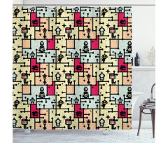 Robots on Grid Squares Shower Curtain