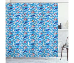 Wavy Lines Dolphins Shower Curtain