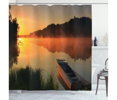 Boat on Misty Shoreline Shower Curtain