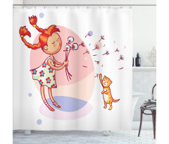 Cartoon Girl and Cat Shower Curtain