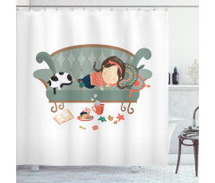 Sleeping Girl with Cat Shower Curtain