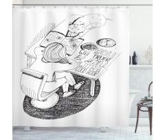 Girl and Cat Read on Desk Shower Curtain