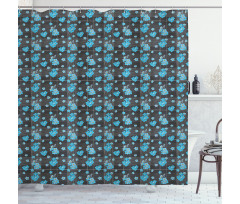Blue Blossoms on Grid Shower Curtain
