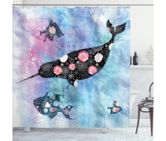 Floral Whale and Fish Shower Curtain