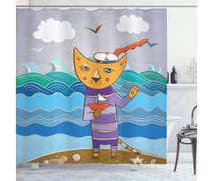 Sailor Feline on the Shore Shower Curtain