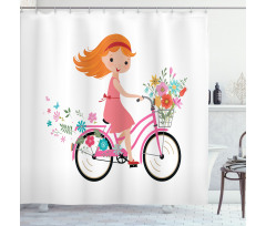 Happy Girl on Bike Flowers Shower Curtain