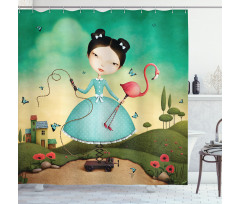 Girl and Flamingo Toy Shower Curtain