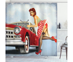 Lady Fixing the Car Shower Curtain