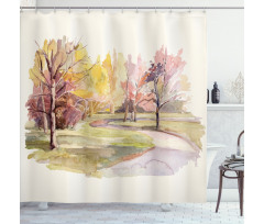 Watercolor Trees and Road Shower Curtain