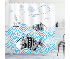 Sketch Boat and Animals Shower Curtain