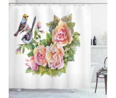 Sparrows on Roses Shower Curtain