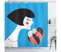 Girl with a Flower on Blue Shower Curtain