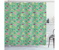 Teapots and Cups on Green Shower Curtain