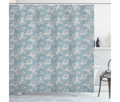 Retro Drawn Blossoms on Blue Shower Curtain