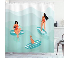 Surfing Girls with a Dog Shower Curtain