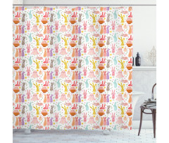 Colorful Rabbits Pink Hearts Shower Curtain