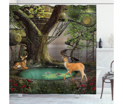 Abstract Deer and Tree House Shower Curtain