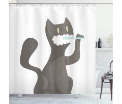 Pet Feline Brushing Teeth Motif Shower Curtain