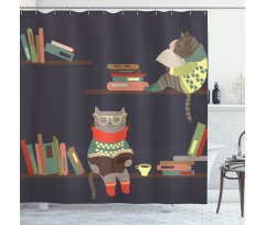 Funny Bookshelf Cat Reading Shower Curtain