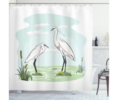 2 Herons in Marsh Cartoon Shower Curtain