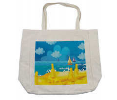 Vibrant Seaside Cartoon Scene Shopping Bag