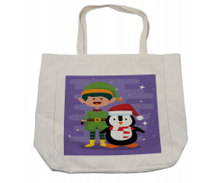 Elf and Penguin Merry Christmas Shopping Bag