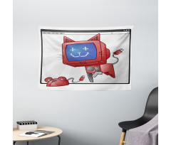 Funny Computer Cat Mouse Wide Tapestry