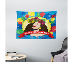 Pop Art Girl and Balloons Wide Tapestry