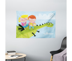 Boy Girl Sitting on Dragon Wide Tapestry